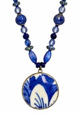 Unique Vintage Blue Porcelain Shard Necklace Handmade Chinese Pendant 24