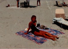 1970s Beach Photograph of Young Woman in Swimsuit Joyful Summer Leisure Scene picture