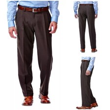 Haggar ECLO Stria Brown Pleated Front Dress Pants Classic Fit Expandable 40x30 picture