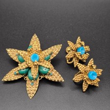 Vtg. Miriam Haskell Turquoise Blue Green Cabochon Flower Brooch Earring Set picture