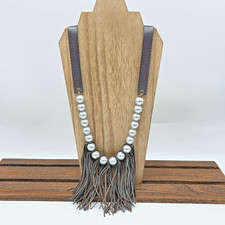 Plunder December Posse Silver Pearl Necklace Brown Ribbon Leather Fringe 28” picture