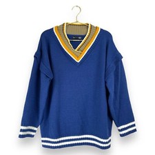 Dazy Blue Varsity V Neck Sweater Womens L Oversized Preppy Tennis 511 picture