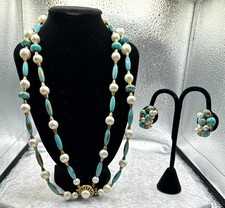 Vintage Aqua Blue Faux Pearl Double Strand Necklace Clip Earrings Set picture