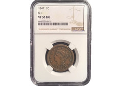 1847 1C Large Cent – NGC VF30 BN – Newcomb‑1 – Strong Detail picture