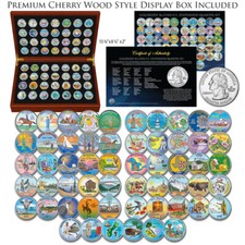 Complete COLORIZED STATEHOOD Quarter 56 Coin Set in Premium Cherry Wood Box picture