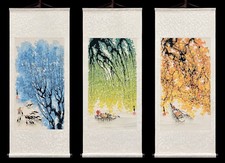 Lot of 3 Japanese Vintage MCM Hanging Scrolls Hand Painted TREES Watercolor picture