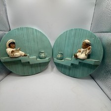 Vintage Mid Century Chalkware Wall Plaques Set of 2 Asian Figures Teal Gold 8.5