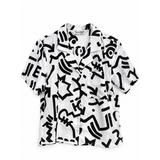 Vintage Diane von Furstenberg DVF Graphic Camp Shirt Black White Petite Size 12 picture