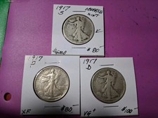 1917 -P,D,S. WALKING LIBERTY HALF DOLLAR. OBVERSE MINTMARKED AS PHOTOS picture