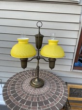 Vintage Double Globe w/ Yellow Ribbed Glass Shades Brass Student Lamp picture
