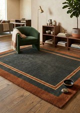 Mid Century Modern Hand Tufted Wool Rug, Charcoal & Rust Border Area Rug Carpet. picture