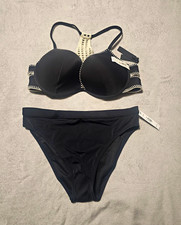 Victoria's Secret PINK 2pc Crochet Racerback Padded Bikini Black/White L D picture