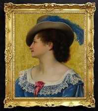 Hand Painted Vintage Lady with Feather Portrait Oil Painting Antique Style Art picture