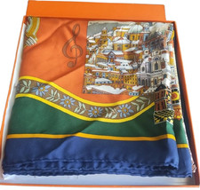 HERMES Carre 90 Salzburg Square Silk Scarf Blue Orange Mint Stunning Vintage picture