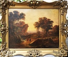 Exquisite 19th C Classical Italianate O/C Countryside Landscape w Figures Signed picture