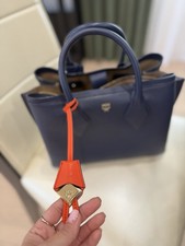 MCM Blue Logo Satchel Top Handle Zip w Gold Hardware Bag Charm, Inner Pockets picture