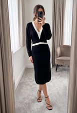 Reiss Jodie Black Cream Wool Cashmere V Neck Knit Midi Dress with Ruched Cuffs picture