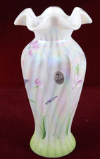 VTG Fenton White Glass  Vase Rose Garden Floral Hand Painted Signed Johnson picture