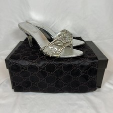 Vintage Gucci Y2K Swarovski Crystal GG Heels Womens 6B Silver Rhinestone Sandals picture