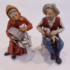 Vtg Ceramic Flambro Figurines Old Lady And Old Man Couple Holding Bird And Dog picture
