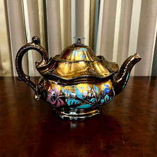 Antique c1820-1840 Staffordshire Copper Lustre Floral Teapot 7.5in picture