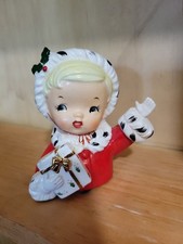 Vtg Napco Christmas Girl Head Vase W Gift Blonde Small Blue Eyes Present 1957 picture