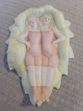 VINTAGE ANTIQUE VICTORIAN NAUGHTY GIRLS  TRINKET DISH FLIPPER  CERAMIC LEAF picture