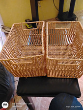 Set of 2 Rectangular Brown Wicker Woven Storage Baskets w/ Handles Metallic picture