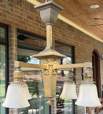 Vintage Mission Arts & Crafts Brass Chandelier ~ Antique 4 Shade Light Fixture picture