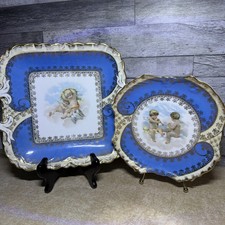 Antique Royal Bavarian Germany Porcelain Plate Tray Set Bleu Celeste Cherub picture