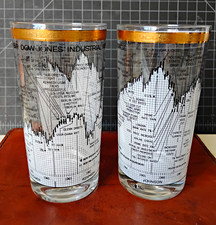 2 Vintage Cera Dow Jones Industrial Average Drinking Glasses 22k Gold Rim picture