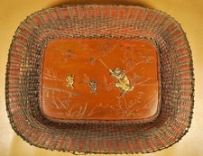 MEIJI ERA JAPANESE MIXED METAL BASKET WEAVE TRAY - DETAILED SHOKI & DEMONS picture