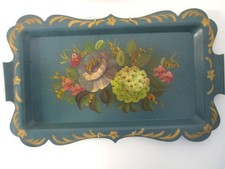 Rare Hand Painted Antique Teal Blue Serving, Display, Tole Tray w/ Hanger picture
