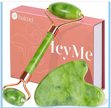 BAIMEI IcyMe Jade Roller & Heart Gua Sha Set Green/Gold Manual Rolling Scraping picture