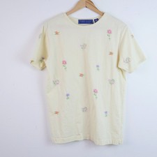 Vintage 90s Butter Yellow T Shirt Floral Embroidered Handmade Grandma Core Small picture