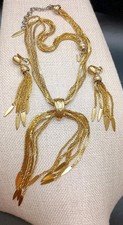 VTG Monet Floppy Bow Tassel Necklace Earrings Set Gold Plated Book Runway Rare picture