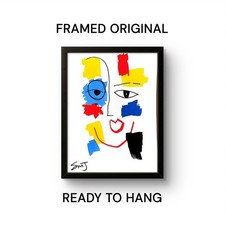 PIECES OF ME Original FRAMED 9x12 FACE Abstract Expressionist Painting ART PAPER picture