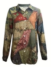Retro Patchwork Floral Blouse Womens Long Sleeve Green Casual Tops Fit DUTY PAID picture