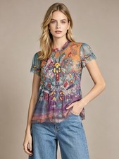 NWT Johnny Was Biya Giana Mesh Ruffled Floral Embroidered Sheer Blouse Size XS picture