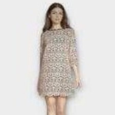 Chelsea28 Beige Lace Dress Small Lined Boat Neck 3/4 Sleeve Dressy Boho Cottage picture