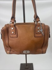 Vintage Fossil Tan brown Leather Double-Handle Satchel Bag Key Charm Zip closure picture