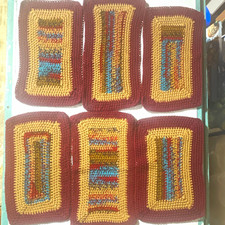 Vintage Crochet Rectangle Placemat Set of 6 Boho Grannycore Maroon Tan Multi 70s picture