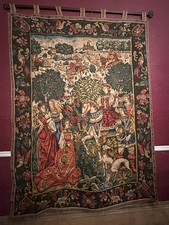 French Tapestry Medieval Hunting Scene Wall Decor Large Colorful 5'x4' Lodge Vtg picture