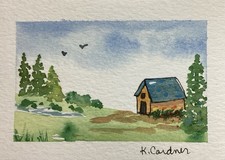 ACEO Original Painting, Blue Roof House, Landscape,nature, Kimberly Cordner picture