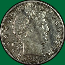 1915-D Barber Half Dollar Almost Uncirculated AU Coin, Lightly Cleaned #46436 picture