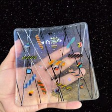 Vintage Fused Art Glass Square Dish Plate With Iridescent Candy Fused Signed picture