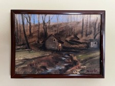 Fine Art original framed Fall oil painting Landscape Pennsylvania spring house picture
