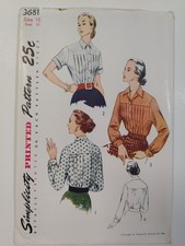 Simplicity 3681 Blouse Top Sewing Pattern Ladies 16 VTG 50's UC Tucked Yolked picture