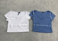 Luna Chix Zumiez Women’s Waffle Crop Top Lot Of 2 Shirts Blue & Cream Notch Neck picture