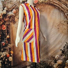 Vintage 1960s Mod Striped Shift Dress Housedress Zip Front Purple Orange Cream picture